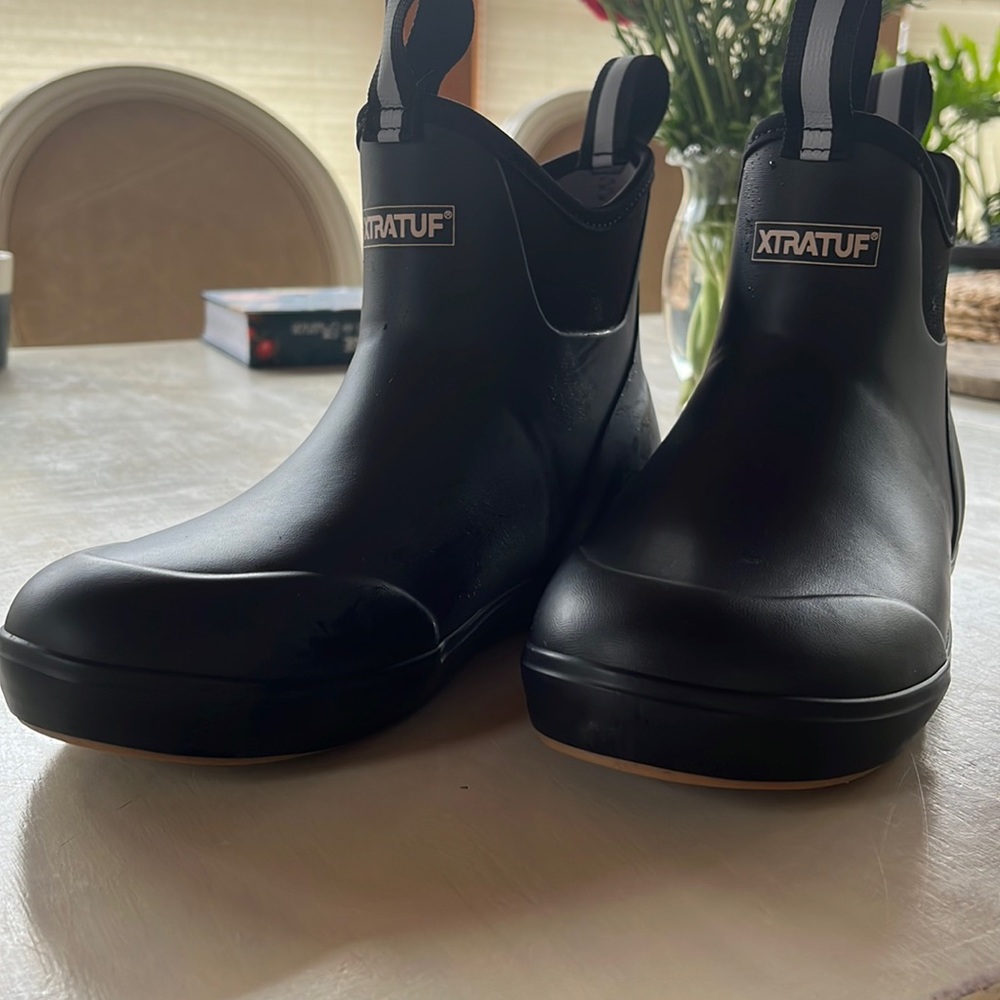 All black XTRATUF rain boots, like new condition